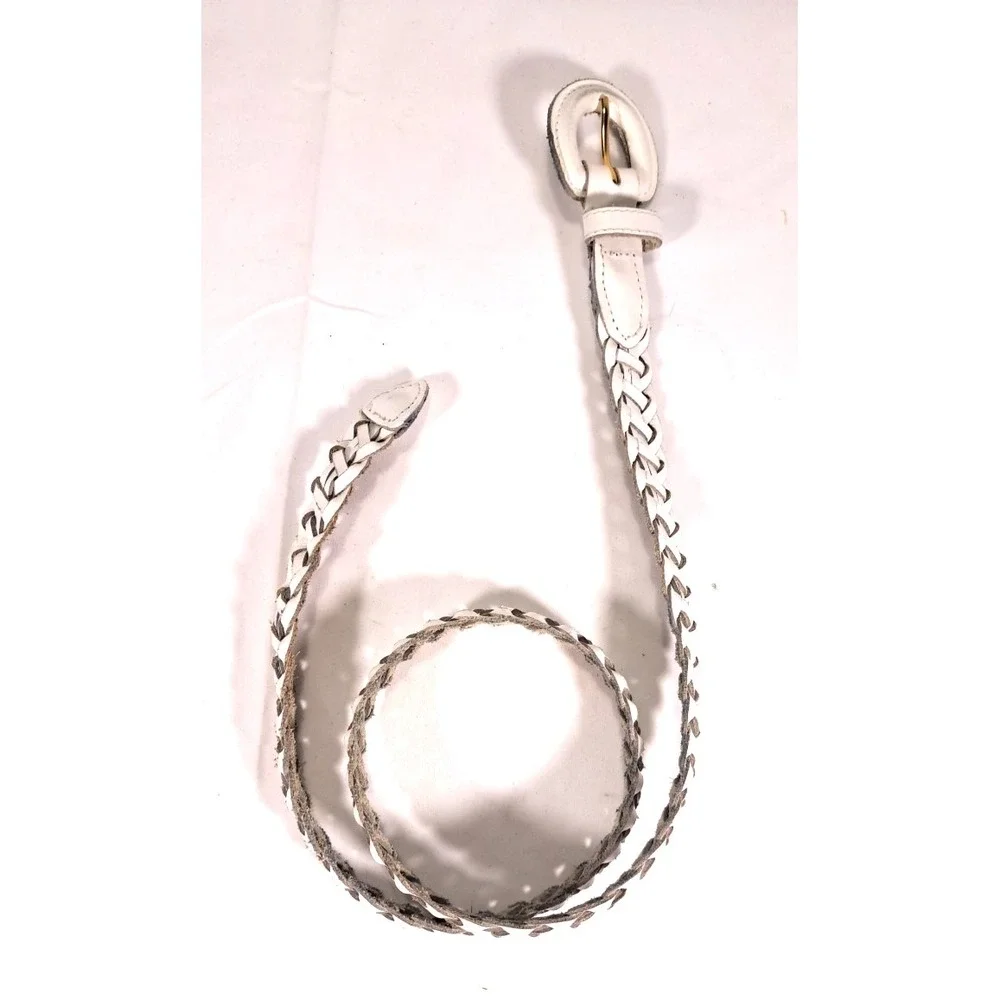 Unbranded White Braided Split‎ Leather Belt Gold Tone Buckle Woven Narrow Boho